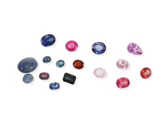 2172
A Large Group Of Unmounted Simulated And Natural Gemstones
Comprising two star sapphires weighing 6.17cts and 34.46cts, a rectangular-cut blue spinel weighing 5.13cts, an oval-cut purple sapphire weighing 2.9cts, a cushion-cut blue sapphire weighing 3.27cts, a cushion-cut purple spinel weighing 3.45cts, an oval-cut blue sapphire weighing 3.17cts, a spessartite garnet weighing 4.67cts, and eight simulated gemstones
16 pieces
Estimate: $3,000 - $4,000