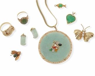 2175
A Group Of Jade Jewelry
Comprising a 14k yellow gold pendant set with jade and small gemstones (2.25" W) with a metal neck chain, a 14k yellow gold and nephrite ring, a 14k yellow gold and cultured pearl butterfly brooch, a 14k yellow gold and treated jade heart pendant, a 14k yellow gold and nephrite bee brooch, a 14k yellow gold and jade fish charm, a pair of 14k yellow gold and jade half hoof earrings, and a 14k yellow gold knot ring (ring size: 9, 6.9 grams)
9 pieces
Estimate: $500 - $700