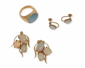 2177
A Group Of Opal And Gold Jewelry
14k yellow gold
Comprising an opal slab ring, a pair of clip-back opal cluster earrings, and a pair of screw-back single opal earrings
Ring size: 7.5; Larger earrings: 1" L
23.2 grams
5 pieces
Estimate: $600 - $800