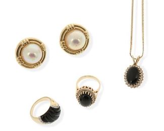 2179
A Group Of Jewelry
14k yellow gold
Comprising a pair of post and clip-back mabe pearl earrings (1" W), an onyx and diamond pendant with neck chain (18" L x 1" H), an oval onyx and diamond ring (ring size: 6), a freeform carved onyx and diamond ring (ring size: 6)

30.8 grams
5 pieces
Estimate: $800 - $1,200