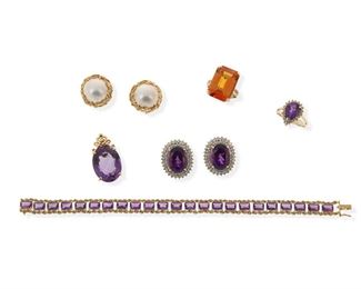 2181
A Group Of Jewelry
14k yellow gold
Comprising an amethyst bracelet (6.75"), a pear-shaped amethyst ring and diamond ring (ring size: 6.75), an oval-cut amethyst pendant (1" L), a pair of post and clip-back mabe pearl earrings (.5" W), a pair of post and clip back oval-cut amethyst and diamond earrings (.85" L), and a citrine ring (ring size: 7)
46.5 grams
8 pieces
Estimate: $800 - $1,200