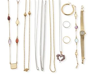 2180
A Group Of Jewelry
Comprising a 14k yellow gold Movado manual gold watch; a platinum band; an 18k gold band; a 14k yellow gold and gem-set collect necklace; a 14k yellow gold gem-set collet bracelet; a 14k yellow gold neck chain; a 14k yellow gold spherical link chain; three 18k white gold neck chains; a 14k white gold, ruby, and diamond heart pendant; and a single 14k yellow gold hoop earrings
89 grams gross
12 pieces
Estimate: $1,000 - $1,500