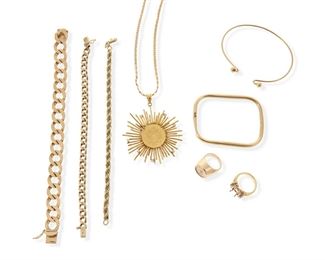 2183
A Group Of Gold Jewelry
14k yellow gold
Comprising a pendant set with a 1915 Hungarian gold coin within a starburst frame set with small round diamonds with a neck chain, three link bracelets, two bangle bracelets, a figural ring, and a semi-mount without a central stone flanked by small round diamonds
Starburst pendant: 2.25" L x 2" W; Largest bracelet: 7" L x .5" W
104 grams gross
8 pieces
Estimate: $2,500 - $3,500