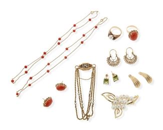 2188
A Group Of Jewelry
14k yellow gold
Comprising a two coral bead chain necklaces (15" & 15.5" L), a ring set with a cabochon coral measuring 16 mm (ring size: 6.75), a pair of post-back coral earrings, an enamel and seed pearl bracelet (7.5" L), a pair of post-back peridot stud earrings with detachable gold drop enhancers, a cultured pearl and diamond brooch (2.5" L x 1.75" W), a cultured pearl and diamond (ring size: 6.5), and a pair of Spanish-style hoop earrings (.75" W)
53 grams
14 pieces
Estimate: $1,200 - $1,800