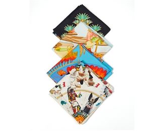 2198
Four Hermès Scarves
Late 20th/early 21st Century
Four works:

"Marché Flottant Du Lac Inlé II"
Designed by Dimitri Rybaltchenko, first issued in 1998
Various figures in boats, in oranges and green on a pale blue ground
Fabric label: 100% silk / Made in France; Signed: Hermès-Paris
35" H x 35" W

"Brazil"
Designed by Laurence Bourthoumieux, first issued in 1988
Various head pieces and feather ornaments on violet with turquoise and orange border
Silk twill; Signed: Hermès-Paris / LT
35" H x 34.5" W

"Kachinas"
Designed by Kermit Oliver
Various multicolored kachinas on an ivory ground
Silk twill; Signed: Hermès-Paris / Oliver
35" H x 35.5" W

"Tresors du Nil"
Designed by Joachim Metz, first issued in 2003
Various multicolored Egyptian elements on a black ground
Fabric label: 100% silk / Made in France; Signed Hermès-Paris / J. Metz
34.5" H x 35" W
4 pieces
Estimate: $500 - $700
