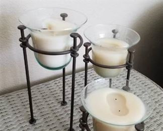 Set of 3 metal & glass candle holders tallest is 10 1/2"