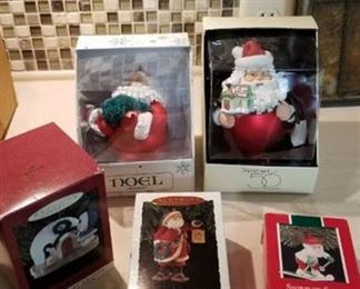 3 Hallmark ornaments and 2 department 56 ornaments