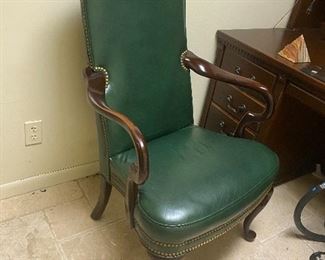 Hancock & Moore green leather studded chairs; 6 available