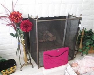 Fireplace Screen & Pair of Brass Andirons