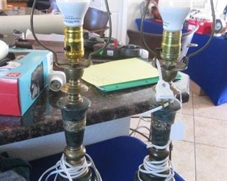Pair of Green Marble & Brass Table Lamps