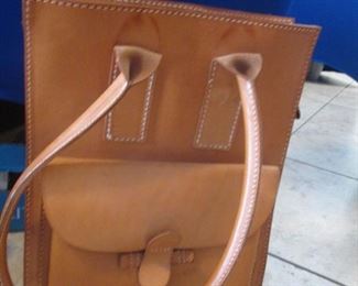 Camel Color Leather Tote, Stitching & Front Pouch