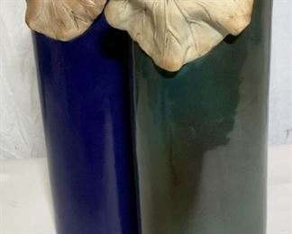 Pr JAPANESE Glazed Vases w Flower and Snail Relief
