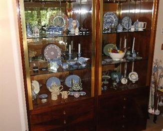 Pair of Display Cabinets with drawers $150 each. Nothing in the cabinet is for sale. All wood with glass front. Possibly cherry 80x36x16