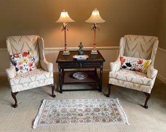 Pair of "Hickory Chair"  Wingbacks, Hand Painted Table with Caned Lower Shelf (36" x 30"), and Rug (2' x 3')