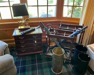 Small Mahogany Chest, Brass Horse Light, Pair of Antique Umbrella Stands, and Office Equipment