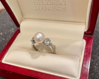 14k Pearl Ring with Aquamarines and Diamonds 
