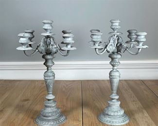 PAIR PAINTED METAL CANDELABRA | Heavy! Five light candelabra, each with four arms and a central candle holder with grape leaf motif; h. 19-1/4 x dia. 13-1/2 in. 
