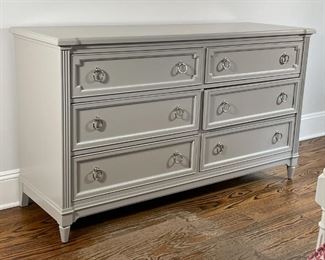 STONE & LEIGH SIX DRAWER CHEST | Gray painted dresser with two banks of three drawers with round pulls, appearing in excellent condition; h. 34-1/2 x w. 60 x d. 20 in. 