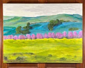 SERENA & LILY OIL PAINTING | Colorful landscape painting with lavender before blue and green hills, signed on the back indistinctly and dated 2011; 36 x 48 in. (overall) 