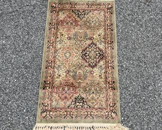 MINI KARASTAN RUG | Small mat with six color medallions on a green field; 3 ft. 9 in. x 2 ft. 1 in. 