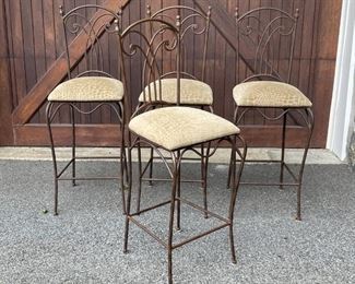 (4pc) WROUGHT IRON BARSTOOLS | Metal frames with fabric patterned seats (some stains); h. 47 x w. 17 x d. 18 in. (seat h. 30 in.) 