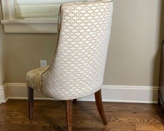 UPHOLSTERED SIDE CHAIR | High back slipper chair on wood legs, with tufted patterned fabric, appears to be in overall very good condition; h. 44 x w. 23 x d. 29 in. 