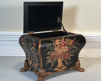 BOMBE STYLE BOX | With floral bouquet decoration, hinged lid, brass finial and claw feet, "Toyo designed by Raymond Waiters"; h. 13 x d. 9 x w. 12 in. 