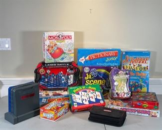 GROUP JUNIOR BOARD GAMES | Including Monopoly Junior, Boggle, Pictionary Jr., Guess Who, Deluxe Yahtzee, Jr. Scene It?, an electronic Battleship game [untested], etc. 