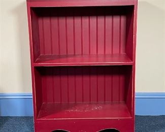 RED PAINTED BOOKSHELF | With two large open shelves, can be used as an end table or night stand; h. 34 x w. 25-1/2 x d. 12 in. 
