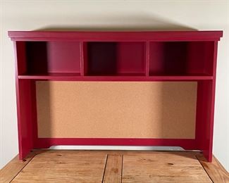 RED PAINTED HUTCH | With three cubbies over a corkboard / bulletin board back; h. 31 x w. 48 x d. 9-1/2 in. 