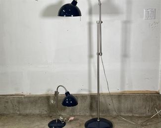 POTTERY BARN LAMPS | "PB Teen," including an adjustable floor lamp with a foot switch and a matching adjustable desk lamp or table lamp, having blue enamel shades on brushed metal frames 