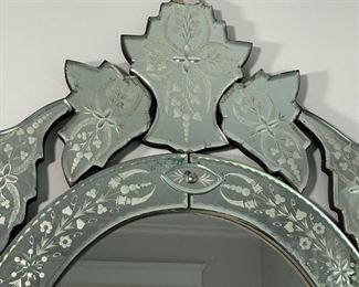 VENETIAN STYLE WALL MIRROR | Oval mirror with patterned glass frame [top with break]; 38 x 21 in. 