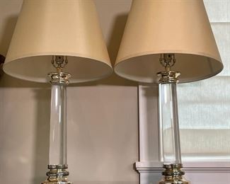 PAIR GLASS COLUMN LAMPS | Table lamps with polished anodized metal terminals and base [with wear] with matching lampshades; h. 32-1/2; shade dia. 18 in.; base 7 x 7 in. 