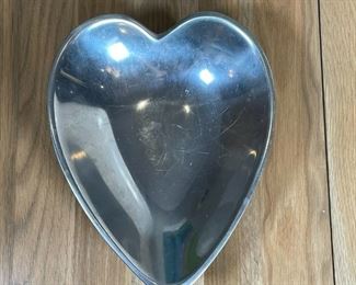 NAMBE HEART DISH | Heart-shaped nambe alloy metal heart dish made in the USA, "may be used in oven, broiler, or on burner"; h. 2-1/2 x w. 9 x d. 11-1/4 in. 