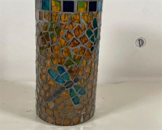 STAINED GLASS CANDLE HOLDER | Cylinder vase form candle holder with yellow / amber glass, decorated with blue and turquoise dragonflies; h. 10 x dia. 5 in. 
