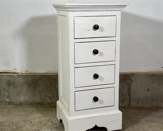 FOUR DRAWER STAND | Painted white with black hardware; h. 31 x w. 15 x d. 13 in. 