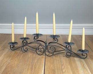WROUGHT IRON CANDLE HOLDER | Scrollwork metal candle holder for six candlesticks; w. 31 x d. 4 x h. 7-1/4 in. (holder only) 