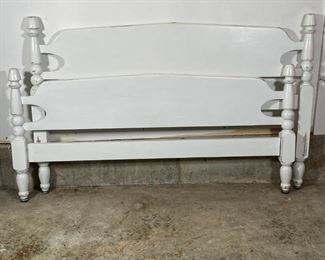 WHITE HEADBOARD & FOOTBOARD | Distressed / rustic white painted, appear to be for a queen or full bed [no rails]; h. 36 x w. 58 in. (headboard) 