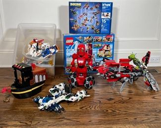 GROUP LEGOS & TOYS | Including a Lego City set (no. 7637), a red robot toy, assembled block toys (planes, etc.), a Magnetix ship building kit, a K'nex Powers & Go Racers set, and other misc. lego / building toy pieces [unsure if sets are complete / electronics untested] 