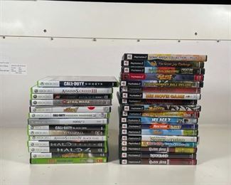 COLLECTION VIDEO GAMES | Including Xbox 360 and PS2 games: Star Wars, Halo, Call of Duty, Shrek, Guitar Hero, Rockband, Assassin's Creed, Portal 2, etc. [none inspected, unsure if all discs present] 
