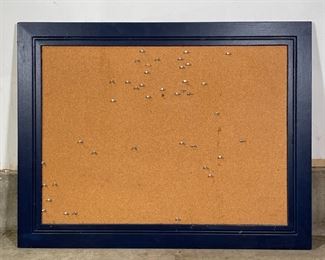 BLUE FRAMED CORKBOARD | Cork / bulletin board in a navy blue painted frame; overall 34 x 44 in. 