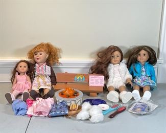 AMERICAN GIRL DOLLS & ACCESSORIES | Including 2 American girl dolls, an Alexander Doll Co. doll, and a smaller Melissa & Doug doll; plus American Girl campfire accessories, two hair brushes, and assorted clothing 