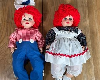 RAGGEDY JIM & JERRI | Two Dolls by Jerri: Raggedy Jim and Raggedy Jerri, each in original cardboard box and with certificate of authenticity [Jerri is missing one shoe, both dolls appearing in excellent condition]; l. 19 in. 