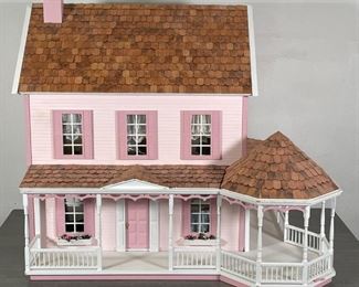 DOLLHOUSE & FURNITURE | Pink colonial dollhouse with shingle roof (h. 28 x w. 27 x d. 19 in.) with detachable porch (h. 16 x w. 33 x d. 26 in.); plus a collection of furniture and miniatures, including chairs, tables, tub, beds, etc. 