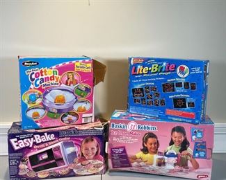 (3pc) COOKING TOYS | Including an Easy-Bake oven, a RoseArt Cotton Candy Machine, and a Baskin Robbins Ice Cream Maker [all untested]; plus a Lite-Brite box with light pegs and design sheets (LACKING THE LIGHT BOARD) 