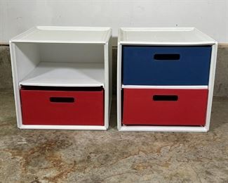 PAIR ITSO STORAGE BINS | With red and blue cloth bin inserts [one mising]; h. 15 x w. 15 x d. 15 in. (each) 