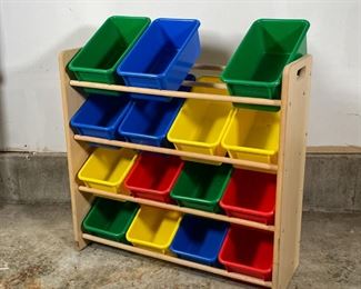CHILDREN'S BIN RACK | Four tier wood frame with 15 colorful bins for organizing toys, shoes, books, etc. [one bin missing]; frame h. 35 x w. 33 x d. 14 in.; each bin l. 13 x w. 7-1/2 x h. 5 in. 