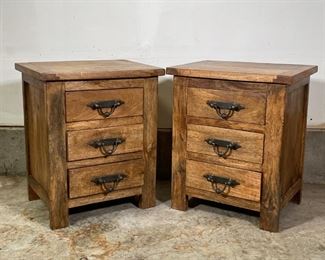 PAIR CUSTOM WOOD SIDE CABINETS | End tables or side tables, each with three drawers with wrought iron pulls, solid wood construction, beautifully made!; h. 24 x w. 20 x d. 16 in. 