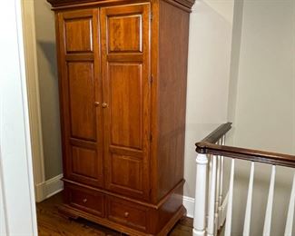 SOLID WOOD ARMOIRE | Two cabinet doors revealing inner shelving with hole in back / removable panel (for tv), over a single drawer; h. 78 x w. 43-1/2 x d. 24 in. 