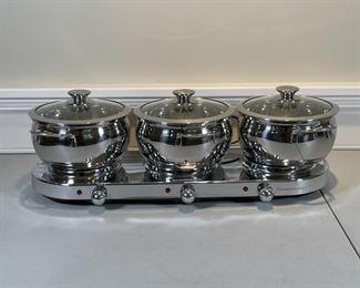 (4pc) TRIPLE BURNER BUFFET SET | From the Home Shopping Network, including 3 stainless steel pots with glass lids and a stainless steel electric burner [untested, but new in box and appearing in excellent condition] 